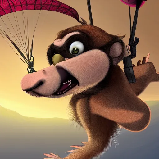 Prompt: digital illustration of sid from iceage jumping from a airplane with parachute,deviantArt, artstation, artstation hq, hd, 4k resolution