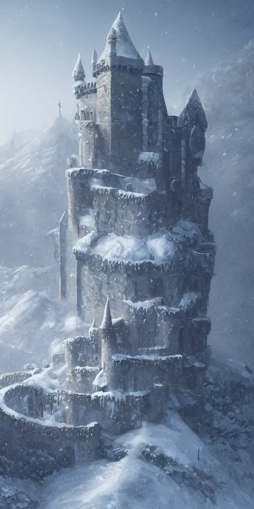 Image similar to a abandoned castle on the top of a snowy mountain, greg rutkowski, 8 k, shallow depth of field, intricate detail, concept art,