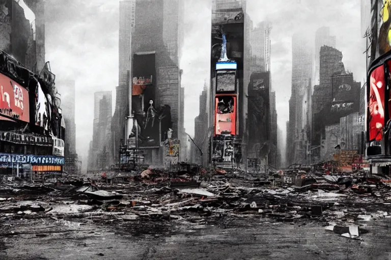 Image similar to photo of an destroyed times square after a nuclear attack, thunderstorm, desolate, 8 k, uhd, artstation, award winning