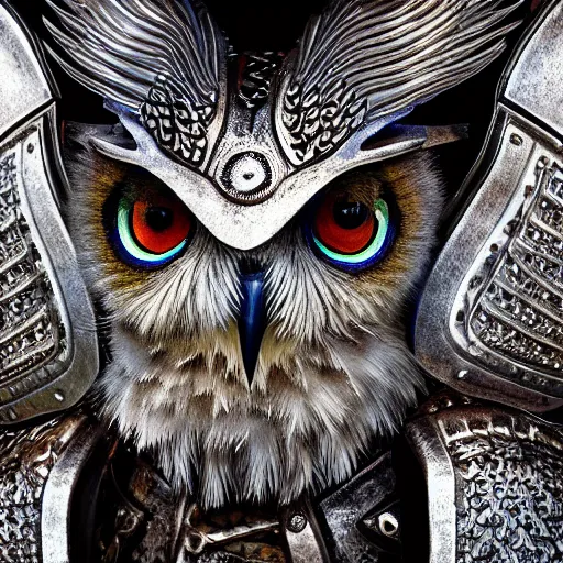 Prompt: warrior with metal owl armour, highly detailed, 4k, HDR, smooth, sharp focus, hyper realistic, high resolution, award-winning photo