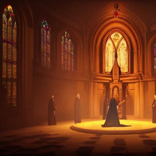 Prompt: center view photography of a group of priest in circle invoking an hyper realistic lovecraft creature portrait in a huge ritual portal in a church, 4 k, fantasy art, glamorous composition, wide - angle shot, cinematography lighting, volumetric fog, vivid colors, realistic, octane render, unreal engine