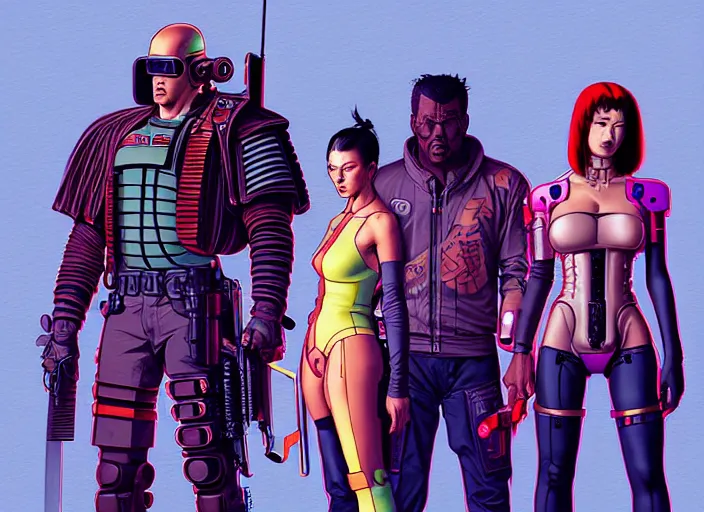 Image similar to cyberpunk samurai team. portrait by stonehouse and mœbius and will eisner and gil elvgren and pixar. character design. realistic proportions. cyberpunk 2 0 7 7 character art, blade runner 2 0 4 9 concept art. cel shading. attractive face. thick lines. the team. diverse characters. artstationhq.