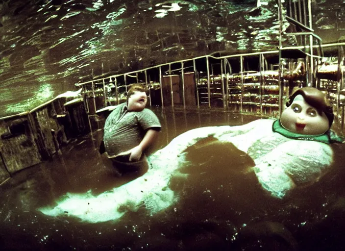 Image similar to grainy security cam footage still of Augustus Gloop in the chocolate river at Willy Wonka's Chocolate Factory, extreme wide angle