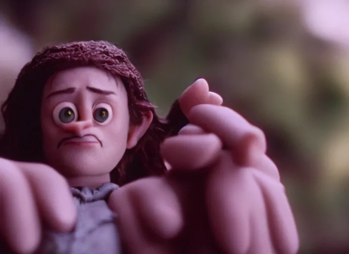 Image similar to cinematic screenshot cinestill portrait of a stop motion claymation film, the lord of the rings, shallow depth of field, 1 8 mm, f 1. 8, sharp details