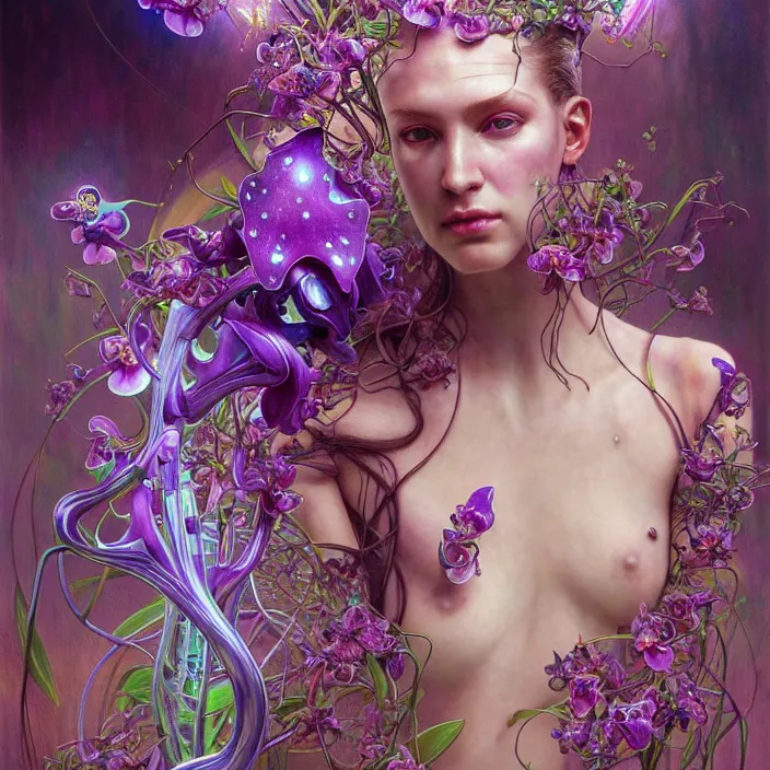 Image similar to psychedelic organic cyborg, saturated orchid, dew drops, diffuse lighting, fantasy, intricate, elegant, highly detailed, lifelike, photorealistic, digital painting, artstation, illustration, concept art, smooth, sharp focus, art by John Collier and Albert Aublet and Krenz Cushart and Artem Demura and Alphonse Mucha