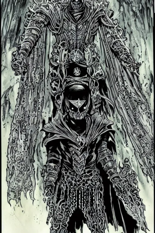 Prompt: black ink comic art eldritch portrait of a lich king cenobite by todd mcfarlane