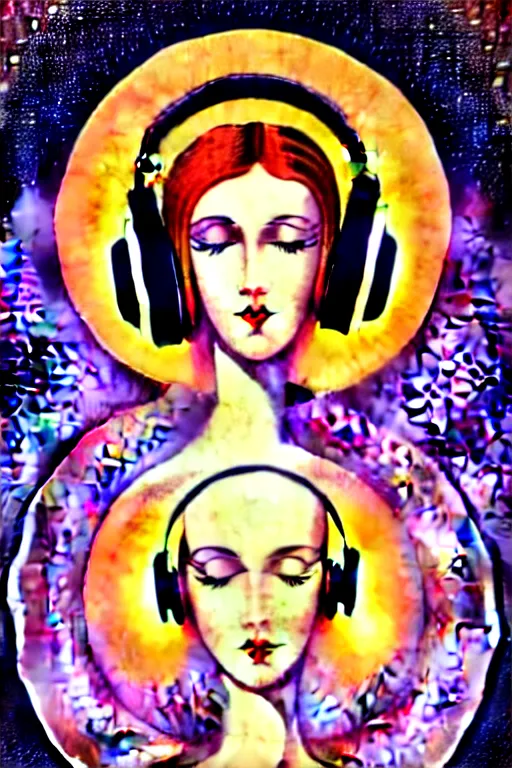 Prompt: intricate, amazing, art deco, retro vintage and romanticism, painting by march hares, soft color palette, highly detailed, goddess with headphones from space sci - fi of ancient religion