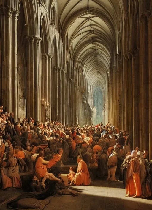 Prompt: elisabeth louise vigee - le brun painting of large crowd of medieval monks in giant in a gothic cathedral interior raising new magical glowing spirit, at dusk sun lit light, old master painting with stunning lighting and details photoreal dusk sun lit light,