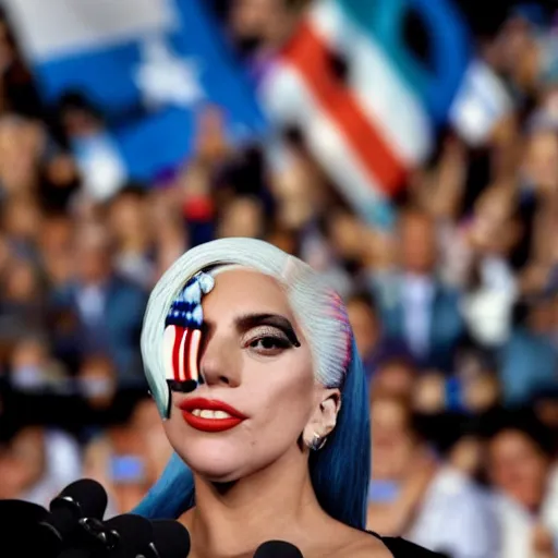 Image similar to Lady Gaga as president, Argentina presidential rally, Argentine flags behind, bokeh, giving a speech, detailed face, Argentina