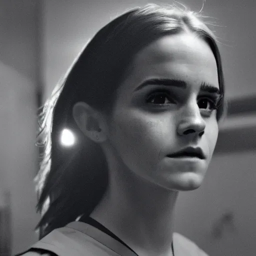 Image similar to photo, close up, emma watson in nurse scrubs, dim light, low light, fog, head and shoulders, android cameraphone, snapchat story screenshot, 2 6 mm,