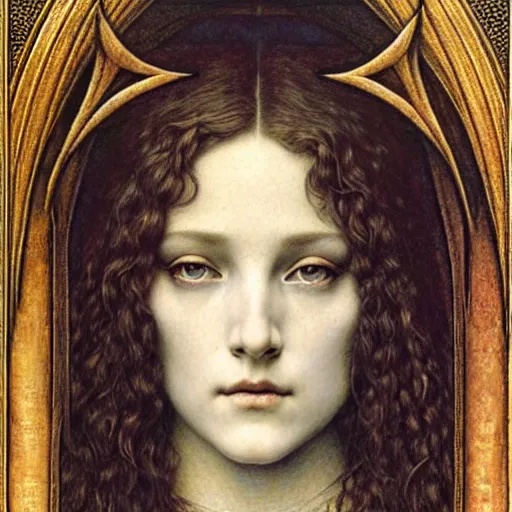 Image similar to detailed realistic beautiful young medieval queen face portrait by jean delville, gustave dore and marco mazzoni, art nouveau, symbolist, visionary, gothic, pre - raphaelite. horizontal symmetry