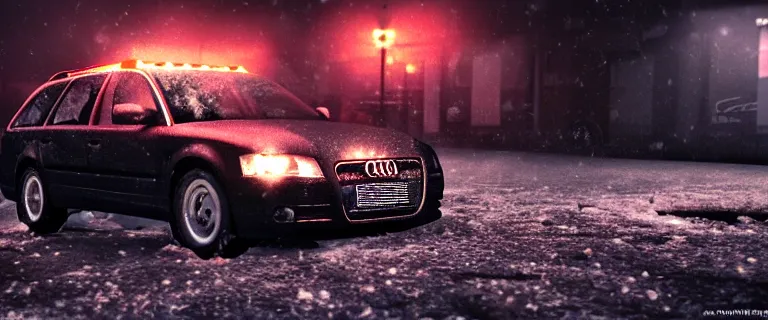 Image similar to Audi A4 B6 Avant (2002), eldritch horror anomaly, a gritty neo-noir, dramatic lighting, cinematic, eerie person, death, homicide, homicide in the snow, gunshots, establishing shot, extremely high detail, photorealistic, red fog, chaos, arson, burning city, cinematic lighting, artstation, by simon stalenhag, Max Payne (PC) (2001) winter New York at night, In the style of Max Payne 1 graphic novel, flashing lights, Poets of the Fall - Late Goodbye