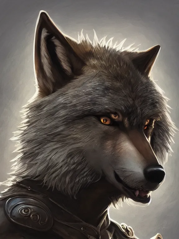 Prompt: 3/4 headshot of cute anthro wolf man, D&D, handsome, fantasy, intricate, long muzzle, wolf ears, fursona, black fur, elegant, highly detailed, digital painting, artstation, concept art, smooth, sharp focus, illustration, art by artgerm and greg rutkowski and alphonse mucha