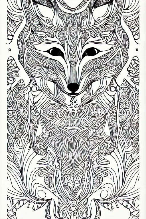 Image similar to fox ornaments fractal ink drawing line art colouring page, vector, margins, fine lines, centered