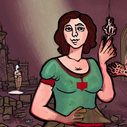 Image similar to rachel bloom as an animated princess looking at a statue of christ covered in bloody severed thief hands in a medieval world with lots of disease and cruelty, digital art