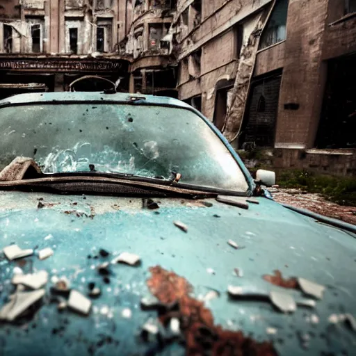 Prompt: a photo of a smashed old police car in an abandoned city after a pandemic. Taken with a Canon EOS 5D.