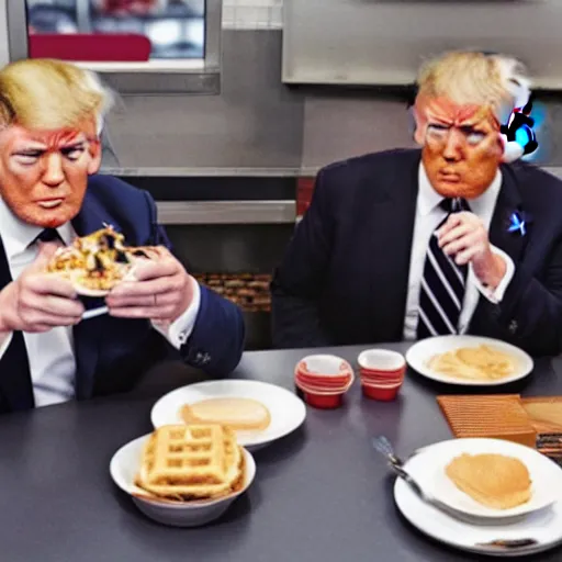 Image similar to photograph of trump and Biden sitting and eating breakfast at a Wafflehouse