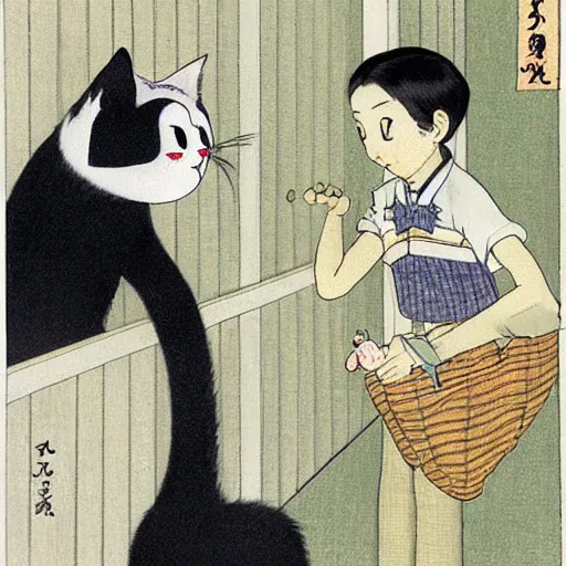 Image similar to the first ever interaction between a cat an human by tsuguharu foujita