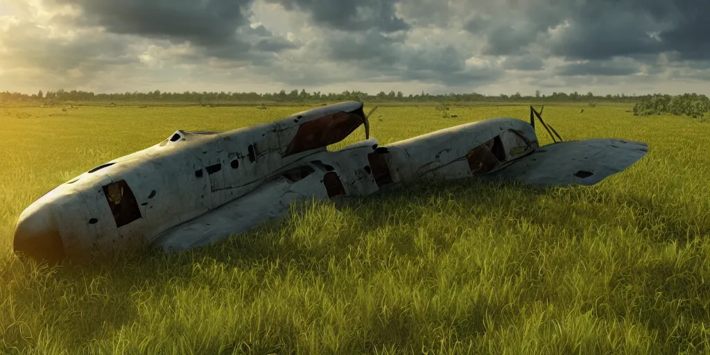 Prompt: Photograph of an crashed 1950's fighter plane in a field, covered with vegetation, soft lighting, crepuscular rays, realistic octane render, 8k, ultra detailed, concept art