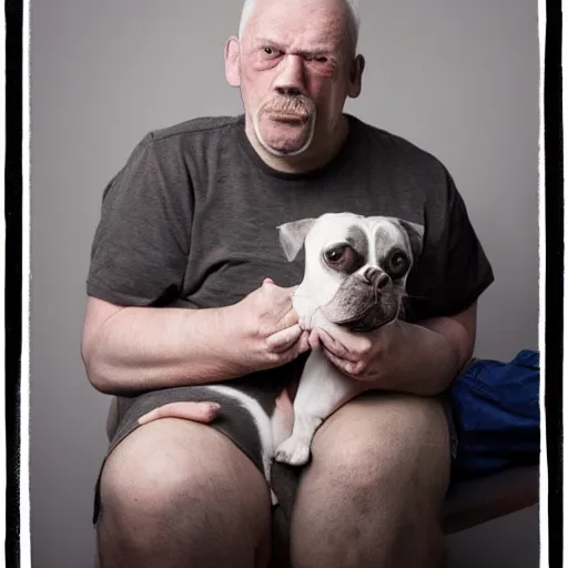 Prompt: worlds ugliest man with his ugly dog, studio photography