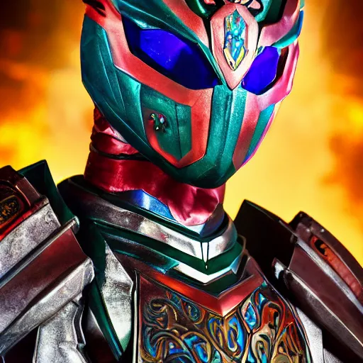 Prompt: High Fantasy Kamen Rider standing in a henshin pose, 4k, vibrant colors, glowing eyes in helmet, dragon armor, Fabian Wagner inspired Cinematography