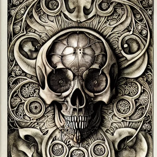 Prompt: memento mori by arthur rackham, art forms of nature by ernst haeckel, exquisitely detailed, art nouveau, gothic, ornately carved beautiful skull mask dominant, intricately carved antique bone, art nouveau botanicals, ornamental bone carving, art forms of nature by ernst haeckel, horizontal symmetry, ernst haeckel, symbolist, visionary