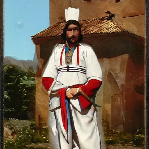 Image similar to magic the gathering card of a man wearing traditional aragonese folk costume