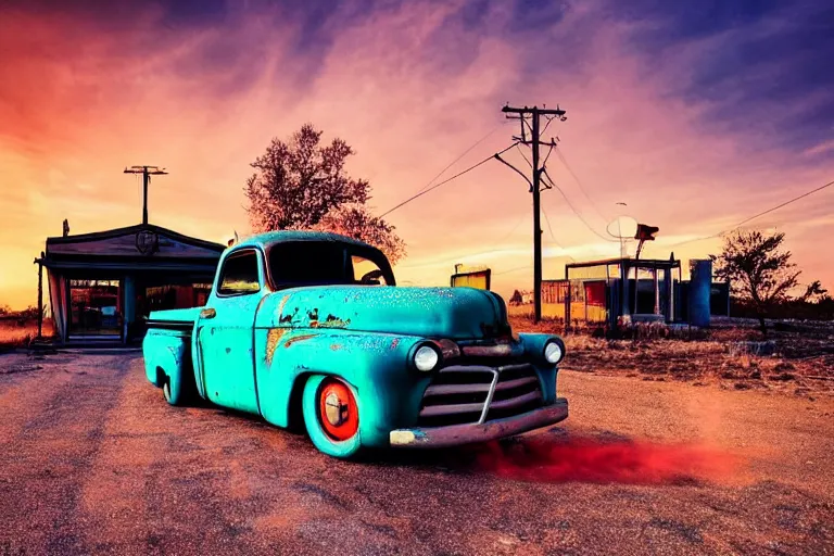 Image similar to a sunset light landscape with historical route 6 6, lots of sparkling details and sun ray ’ s, blinding backlight, smoke, volumetric lighting, colorful, octane, 3 5 mm, abandoned gas station, old rusty pickup - truck, beautiful epic colored reflections, very colorful heavenly, softlight