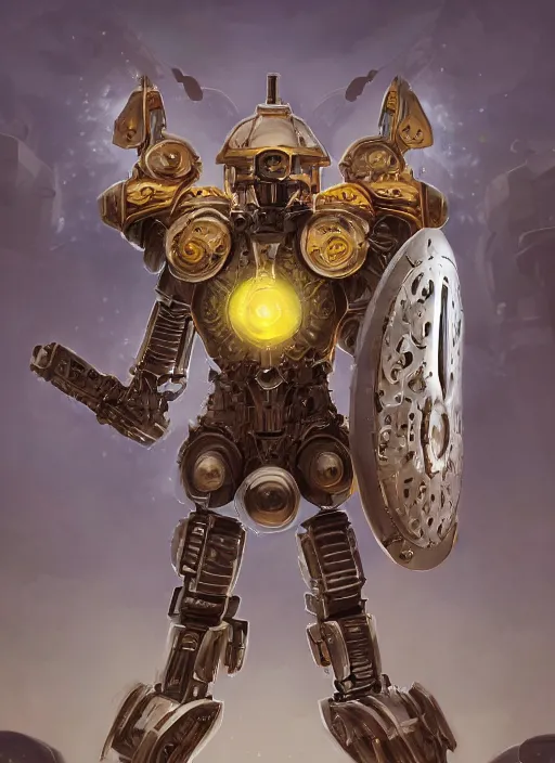 Prompt: full body, dynamic attack position abstract portrait of a intricate glorious holy mechanical warforged with circular glowing eye, character in yellow armor holding a paladin engraved great longsword drawn and carrying a big paladin shield, vertically flat head, face in focus, pit droid, epic , trending on ArtStation, masterpiece, cinematic lighting, by Ross Tran and by Greg Rutkowski