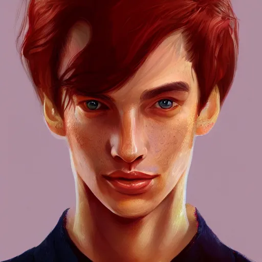 Image similar to portrait of a thin young man with long red hair, ponytail, a lot of freckles on his face, intricate, elegant, glowing lights, highly detailed, digital painting, artstation, concept art, smooth, sharp focus, illustration