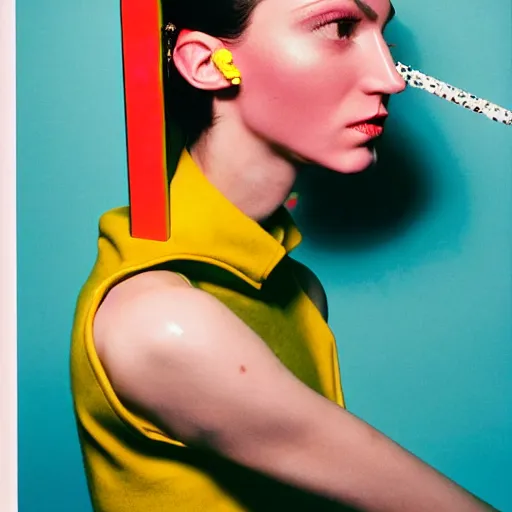 Image similar to a studio close - up portrait of a beautiful fashion model holding a brick to her ear. surreal photograph, lo - fi, polished look, silly and serious, hermes ad, fashion photography, toiletpaper magazine by pierpaolo ferrari and maurizio cattelan, 3 5 mm photograph, colourful, by pierpaolo ferrari, maurizio cattelan, david lachapelle