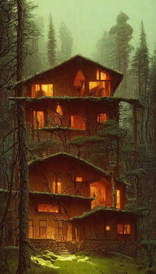 Image similar to cozy home in the woods moody lighting, highly detailed, painting by zdzisław beksinski and norman rockwell and greg rutkowskiweta studio, and lucasfilm