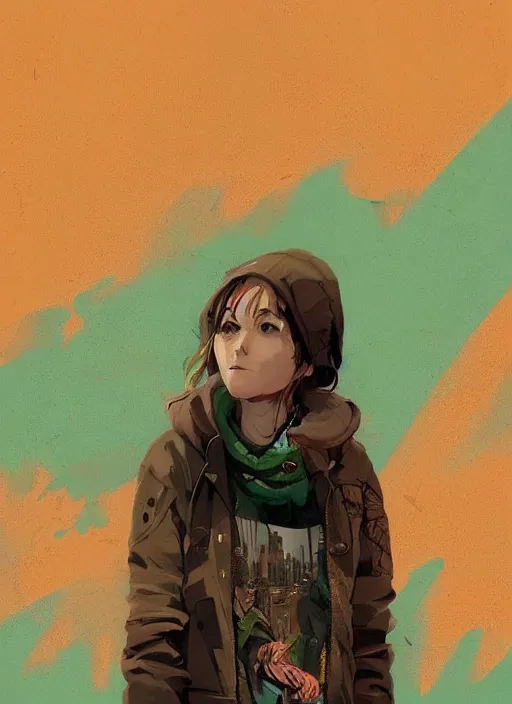 Image similar to highly detailed portrait of a cloudpunk young seattle lady, tartan hoody, by atey ghailan, by greg rutkowski, by greg tocchini, by james gilleard, by joe fenton, by kaethe butcher, gradient green, brown, blonde crea, orange, brown and white color scheme, grunge aesthetic!!! ( ( graffiti tag wall background ) )