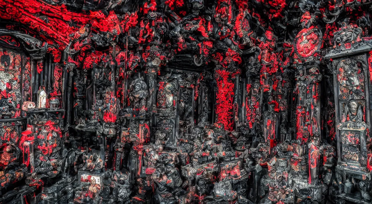 Image similar to Malevolent Shrine, Colorful Digital Photography, Surrounded by Black Water, Dark, Red Shrine, Traditional Shrine, Intricate Detail, ELS, Extreme Long Shot, ISO 100, Horror