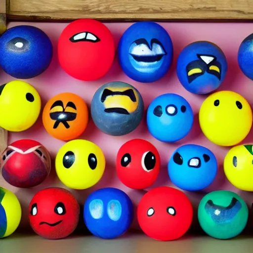 Prompt: a bunch of balls with faces painted on them, chalk art by Aaron Nagel,, behance, naive art, behance hd, lighthearted, vibrant colors ::