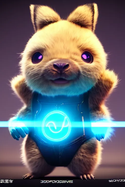 Image similar to high quality 3 d render cyberpunk very cute fluffy! wombat cyborg, mechanical paw, highly detailed, unreal engine cinematic smooth, in the style of detective pikachu, hannah yata charlie immer, neon blue light, low angle, uhd 8 k, sharp focus