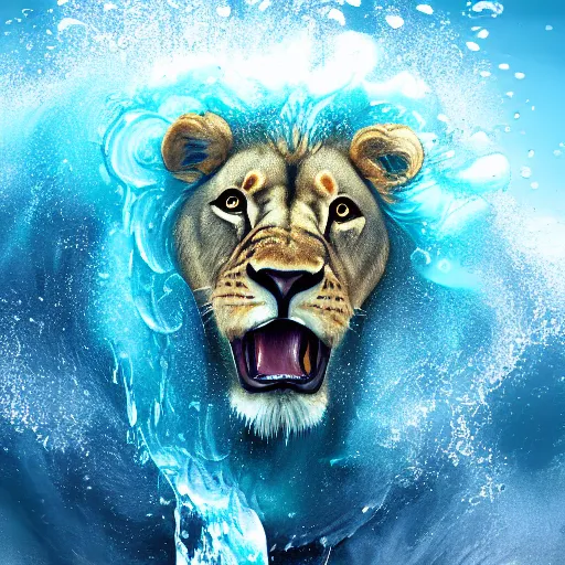 Image similar to a male lion's face breaching through a wall of water, headshot, water sprites, splashing, deep blue ocean, highly detailed, realistic digital art, trending on artstation