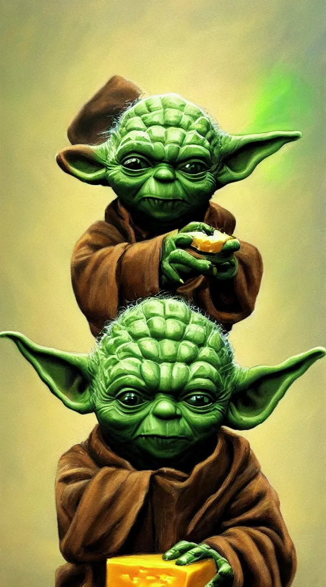 Prompt: Yoda eating cheese oil painting