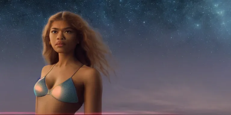 Prompt: film still of unrealistically curvy zendaya, focus on facial - detail!!!!!!, walking on the bifrost, toward an endless abyss in space, wearing a flowy bikini inspired by ancient roman clothing, beautiful astronomical background with galaxies and nebulas, lack of sunlight, 8 k resolution, cinematic lighting, anatomically correct, by christopher nolan