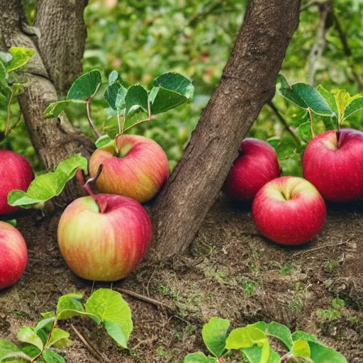 Prompt: a group of apples eating people that grow on trees