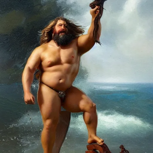 Prompt: by michael malm stormy. a sculpture of a mythological scene. large, bearded man seated on a throne, surrounded by sea creatures. he has a trident in one hand & a shield in the other. behind him is a large fish. in front of him are two smaller creatures.