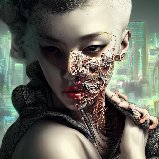 Image similar to the portrait of an absurdly beautiful, graceful, elegant, sophisticated, fashionable cyberpunk gravure idol, an ultrafine hyperdetailed illustration by kim jung gi, irakli nadar, intricate linework, bright colors, porcelain skin, unreal engine 5 highly rendered, fashion photography, global illumination, radiant light, detailed and intricate environment