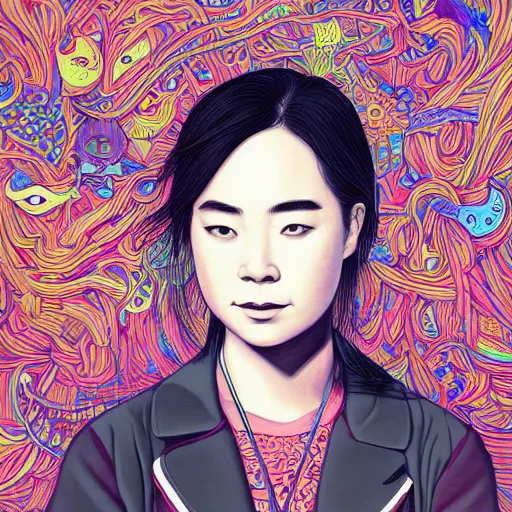 Prompt: portrait of mitski, an ultrafine detailed illustration by james jean, intricate linework, bright colors, final fantasy, behance contest winner, vanitas, angular, altermodern, unreal engine 5 highly rendered, global illumination, radiant light, detailed and intricate environment