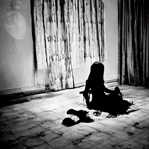 Image similar to creepy witch sitting in dark living room, horror movie still, realistic, found footage, atmospheric, evil, nightmare, film grain