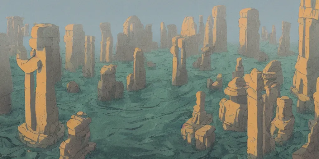 Image similar to a realistic cell - shaded studio ghibli concept art from paprika ( 2 0 0 6 ) of shouxing from close encounters of the third kind ( 1 9 7 7 ) in a flooded monument valley stonehenge. very dull colors, wide shot, hd, 4 k, hq