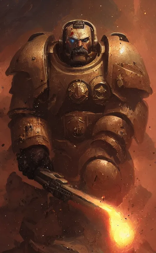 Image similar to portrait of a warhammer space marine with a big moustache, concept art, moustache, fantasy, highly detailed, cinematic lighting, digital painting by greg rutkowski