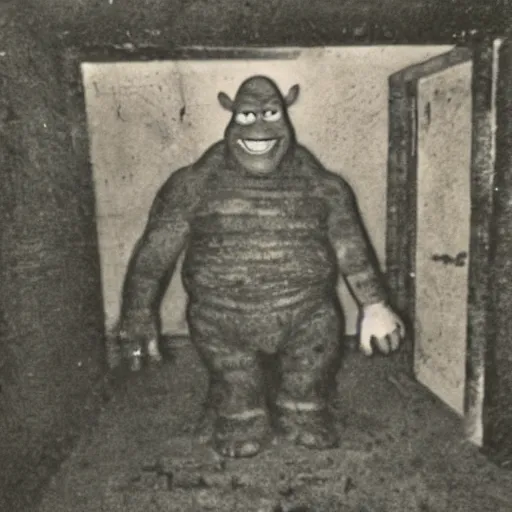 Image similar to old photo of Shrek hidden in a dark basement