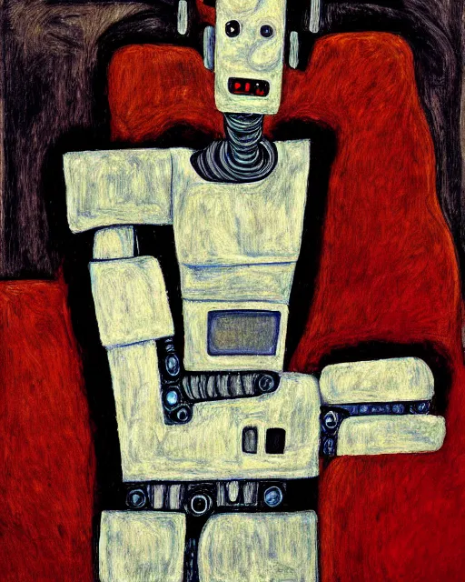 Image similar to portrait of a robot on the sofa, in the style of Egon Schiele