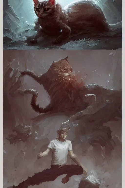 Image similar to cursed demon possesing a cat like australian boy design, character sheet, greg rutkowski, zabrocki, karlkka, jayison devadas, trending on artstation, 8 k, ultra wide angle, zenith view, pincushion lens effect