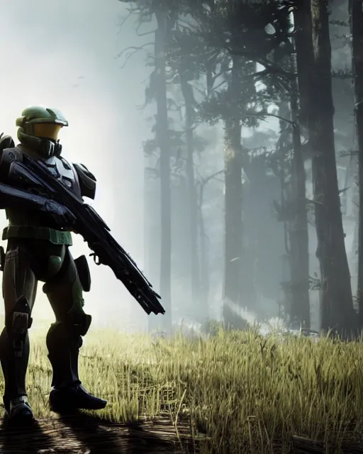 Image similar to master chief by red dead redemption 2, cinematic, photorealistic